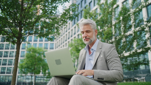 Mature businessman working on laptop in front of office building.