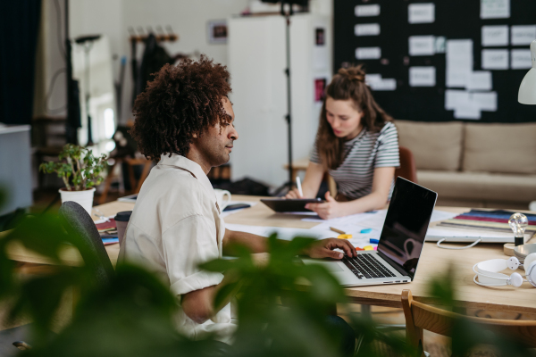 Young colleagues working together in a startup company.