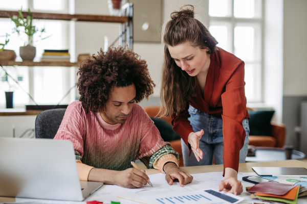 Young colleagues working together in a startup company.