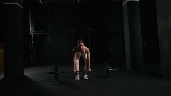 Front view of young muscular woman holding, pressing barbell up. wearing sportswear. Routine workout for physical and mental health.