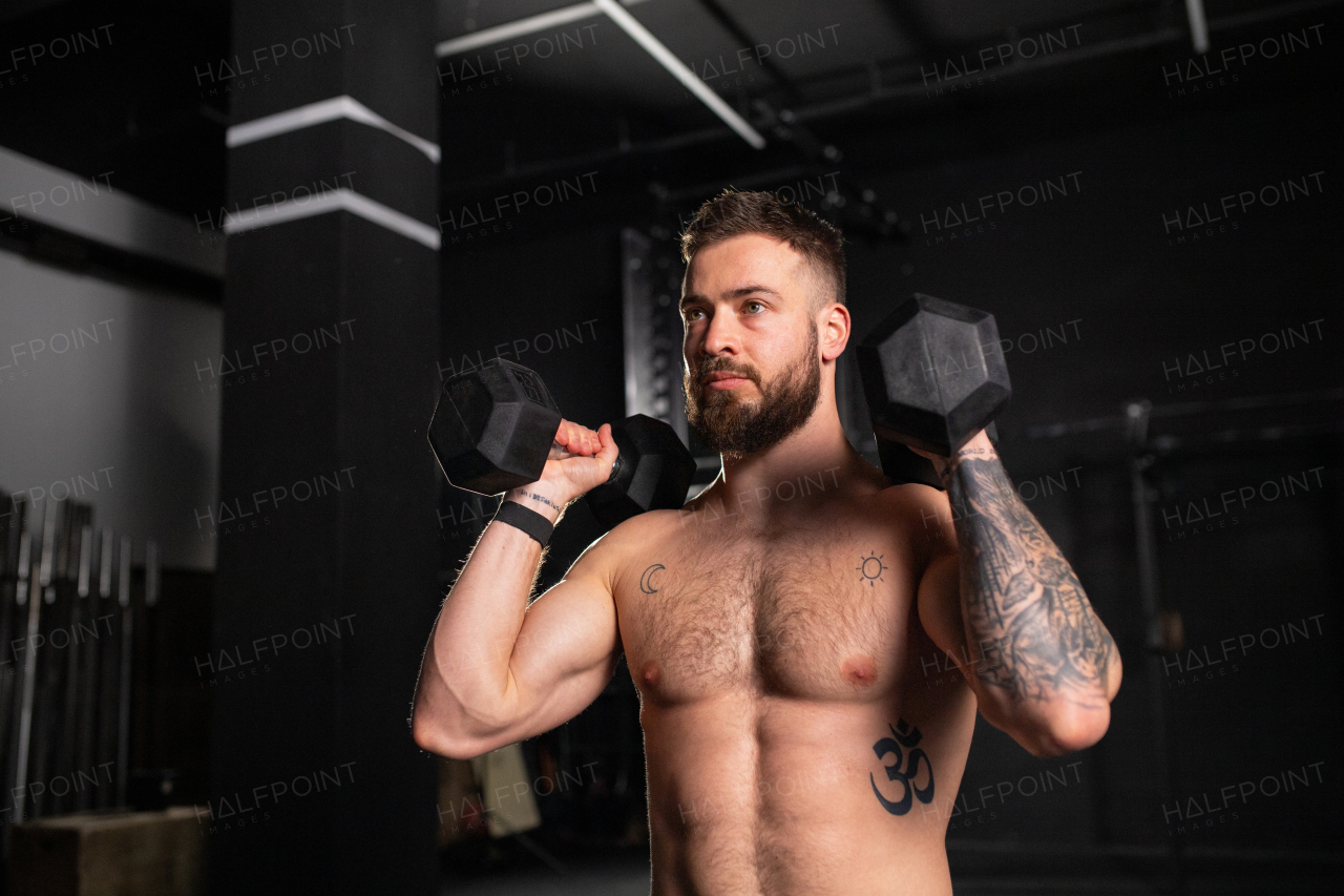 Portrait of handsome man holding dumbells in both hands. Strength exercise. Routine workout for physical and mental health.