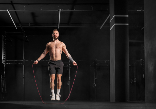 Handsome man jumping rope, doing double-unders as part of crossfit workout. Routine workout for physical and mental health.