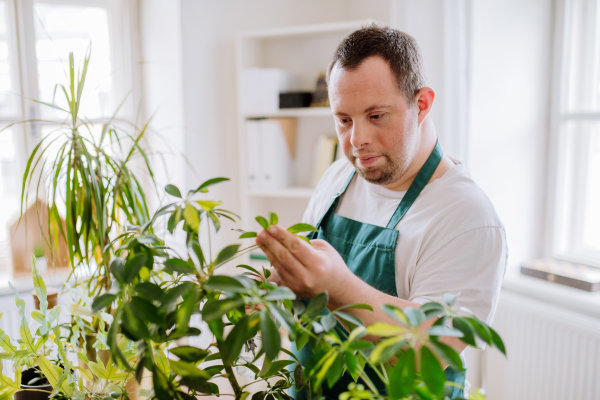 Young man with Down syndrome taking care of plants, working as sales man in fowershop.