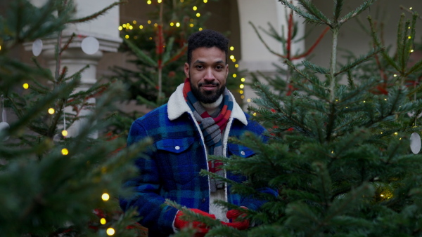 Happy multiracial man choosing Christmas tree at Christmas market.