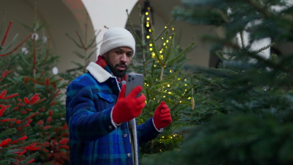 Happy multiracial man choosing Christmas tree at Christmas market.