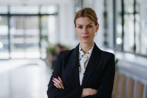 Portrait of pharmaceutical sales representative, medical sales representative in medical building. Ambitious female hospital director or manager. Woman business leader.