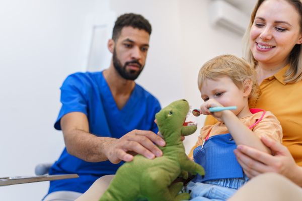 Young dentist showing little girl how to clean teeth on a soft toy.