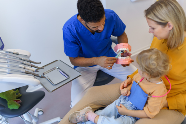 Young multiracial dentist showing a little girl how to clean teeth.