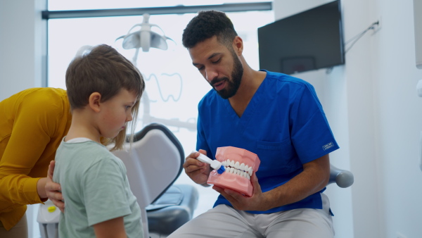 Young multiracial dentist showing a little boy how to clean teeth.