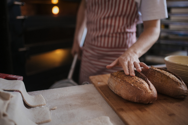 Close-up of baker with fresh just baked bread.