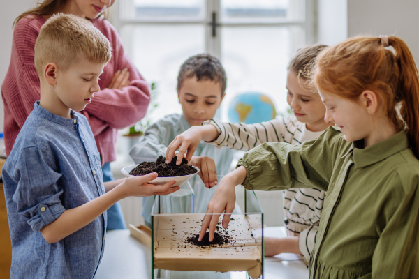 Young teacher making a little greenhouse with their pupils, learning them about planting.