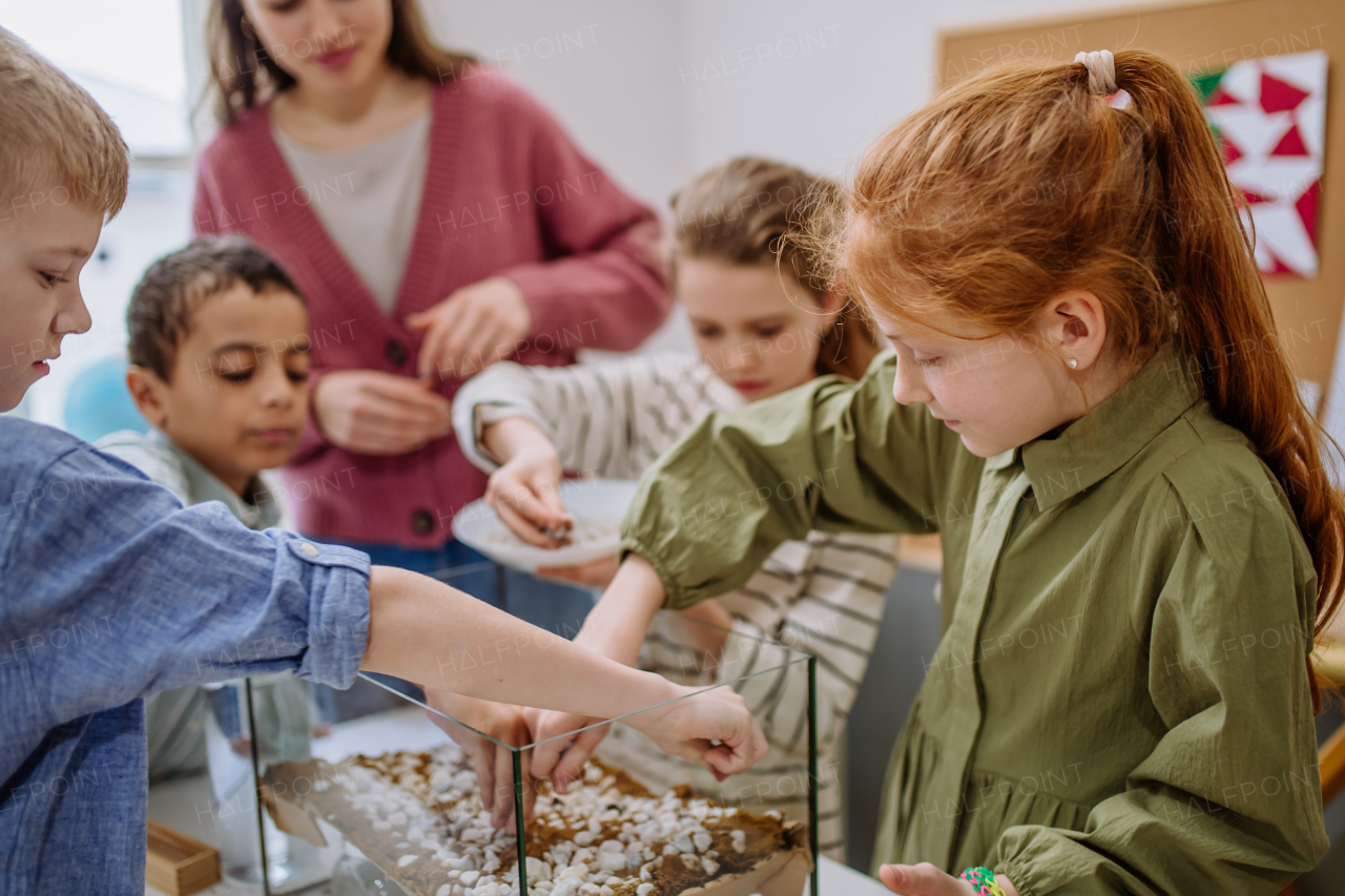 Young teacher making a little greenhouse with their pupils, learning them about planting.