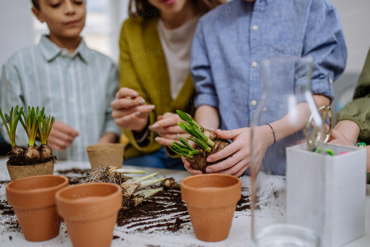 Young teacher learning her pupils how to take care about plants.