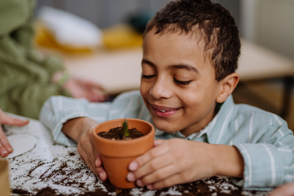 Happy little boy looking at growing plant in a ceramics pot.