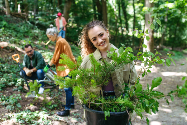 Portrait of beautiful female volunteer holding pine tree sapling, working in forest. Volunteering for a tree planting.