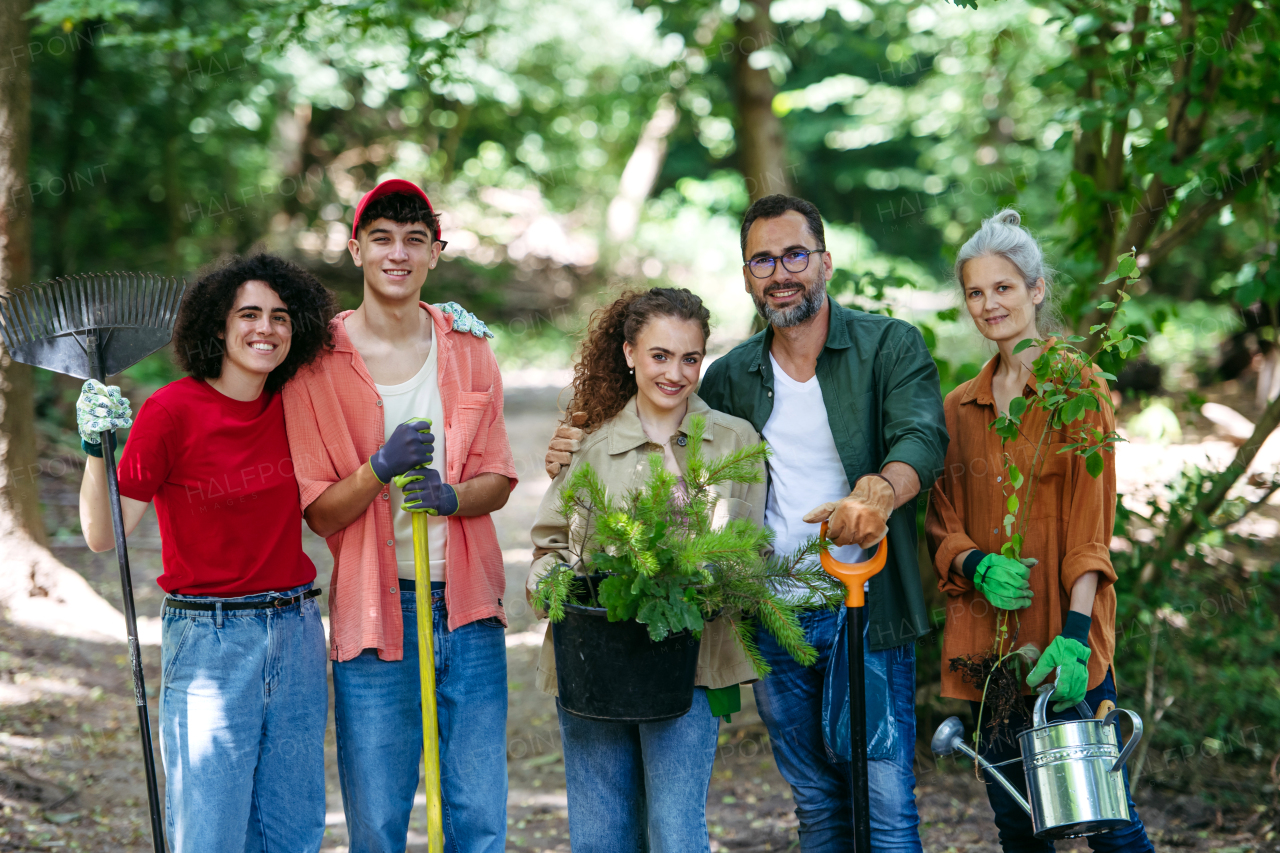 Group portrait of volunteers holding pine tree saplings and tools, working in forest. Volunteering for a tree planting.