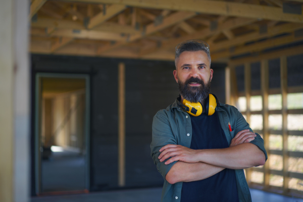 A portrait of construction worker smiling and looking at camera, diy eco-friendly homes concept.