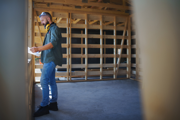 Handyman chcecking blueprints and working on a wooden construction site, diy eco-friendly homes concept.