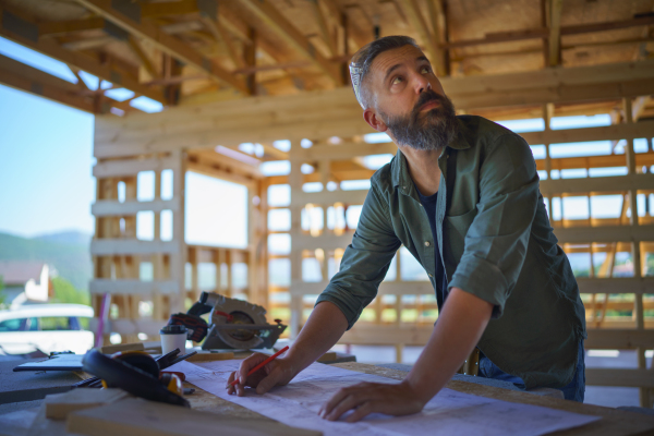 Construction worker drawing and checking a blueprints, diy eco-friendly homes concept.