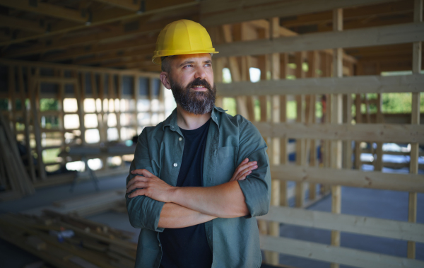 A portrait of construction worker smiling and looking at camera, diy eco-friendly homes concept.