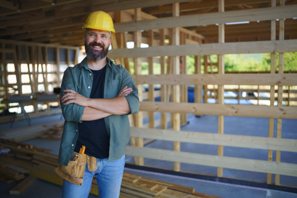 A portrait of construction worker smiling and looking at camera, diy eco-friendly homes concept.