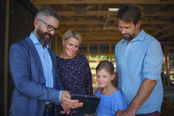 A sales Agent showing plans of new house to young family on construction site.