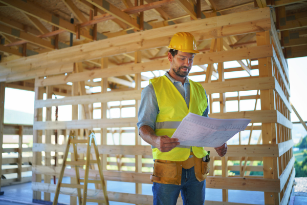 Construction engineer or architect with blueprints visiting and chechking eco building site of a wood frame house.