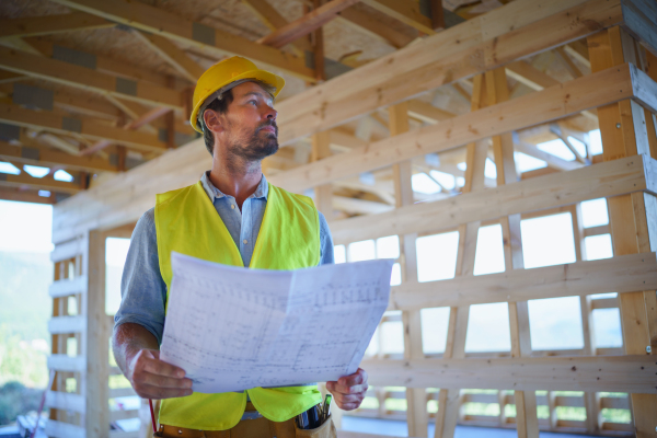 Construction engineer or architect with blueprints visiting and chechking eco building site of a wood frame house.