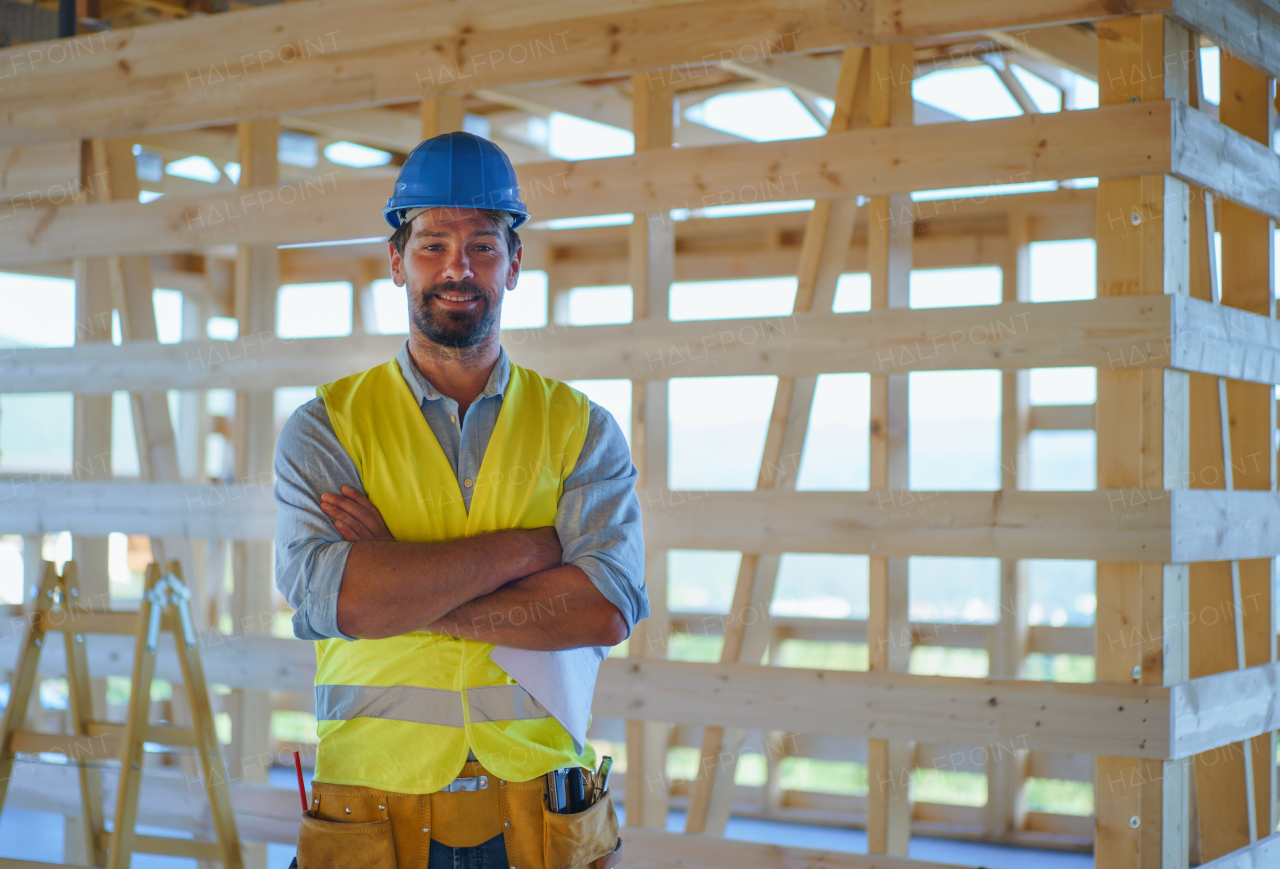 Construction worker in protective clothes posing in unfinished eco wooden house.