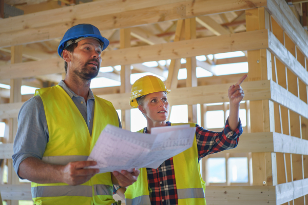 Construction engineers or architects with blueprints checking a building site of wood frame house