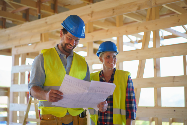 Construction engineers or architects with blueprints checking a building site of wood frame house