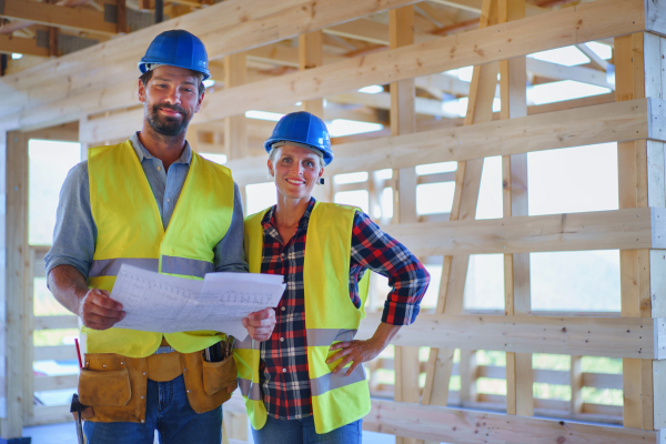 Construction engineers or architects with blueprints visiting a building site of wood frame house