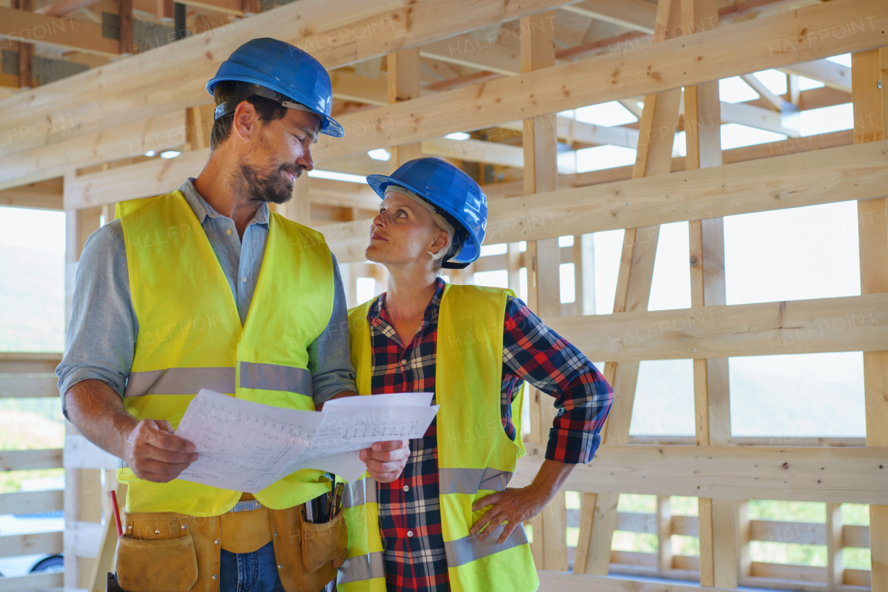 Construction engineers or architects with blueprints checking a building site of wood frame house