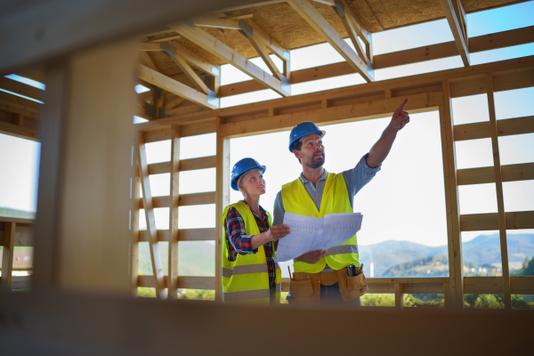 Construction engineers or architects with blueprints visiting and chcecing a building site of wood frame house