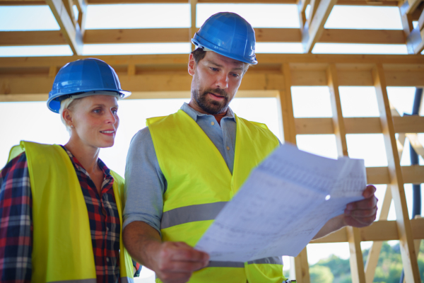 Construction engineers or architects with blueprints checking a building site of wood frame house