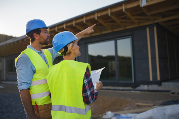 Construction engineers or architects with blueprints checking a building site of wood frame house