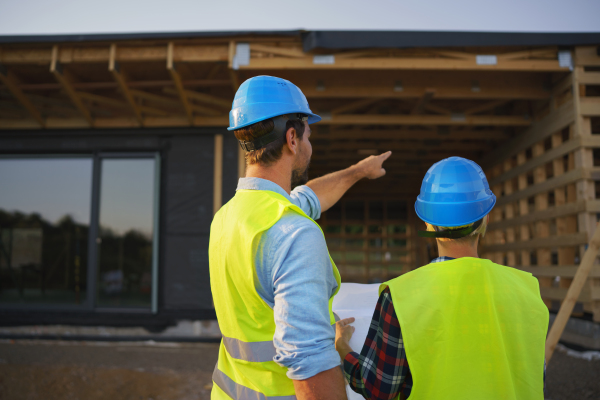 Construction engineers or architects with blueprints checking a building site of wood frame house