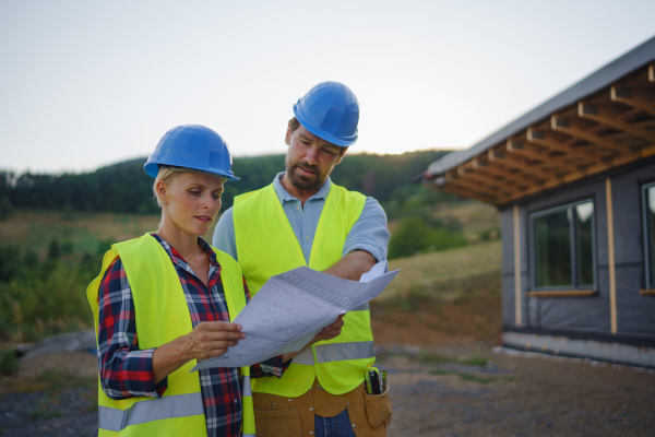 Construction engineers or architects checking a blueprints in front of unfinished eco building frame house.