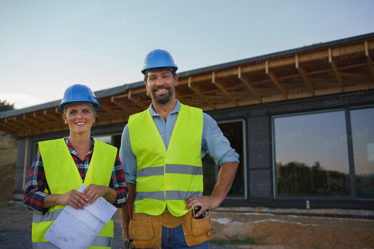 Construction engineers or architects with blueprints visiting a building site of wood frame house