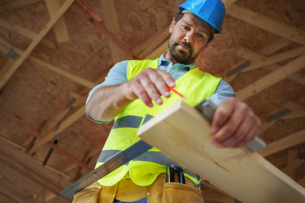 Carpenter measuring wooden planks and making marks with pencil. Carpentry concept.