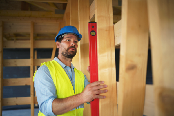 Carpenter checking a wooden planks with spirit level, diy eco-friendly homes concept.