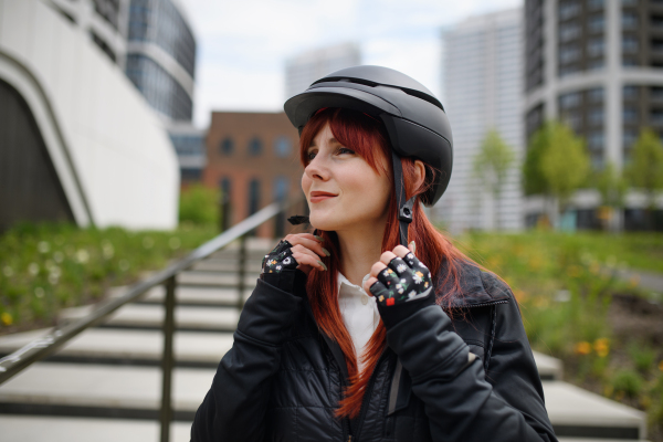 A portrait of businesswoman commuter on the way to work putting on cycling helmet, sustainable lifestyle concept.