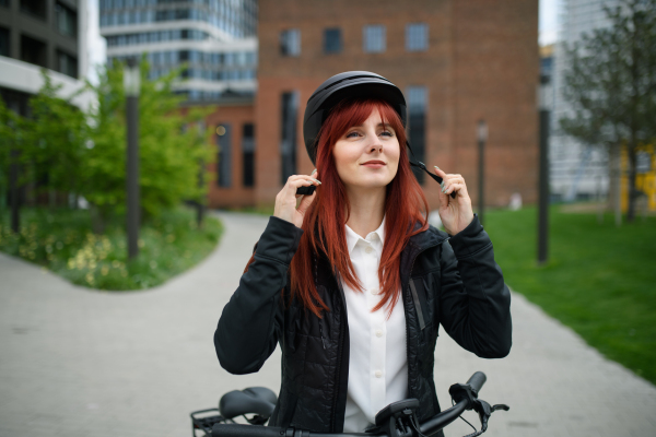 A portrait of businesswoman commuter on the way to work putting on cycling helmet, sustainable lifestyle concept.