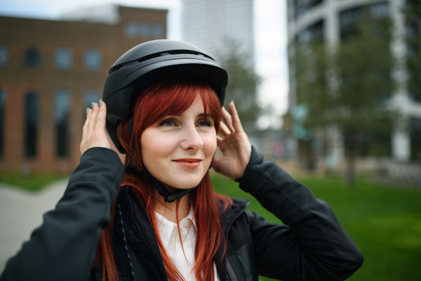 A portrait of businesswoman commuter on the way to work putting on cycling helmet, sustainable lifestyle concept.