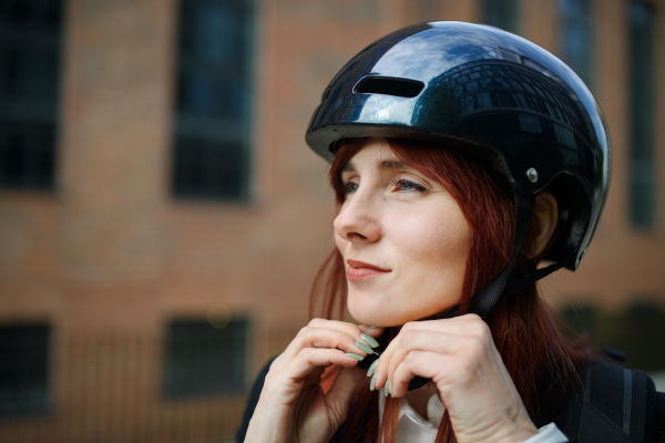 A portrait of businesswoman commuter on the way to work putting on cycling helmet, sustainable lifestyle concept.