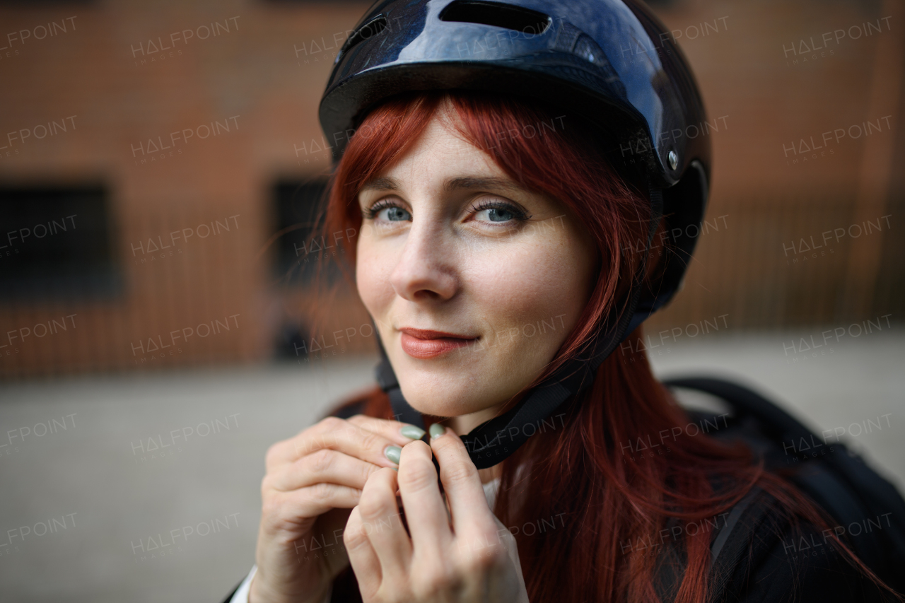 A portrait of businesswoman commuter on the way to work putting on cycling helmet, sustainable lifestyle concept.