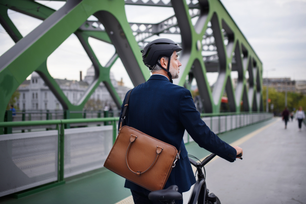 A businessman commuter on the way to work, riding bike over bridge, sustainable lifestyle concept. Rear view.