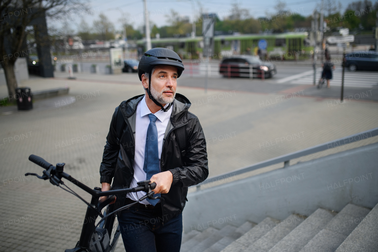 A high angle view of businessman commuter on the way to work, carrying bike upstair, sustainable lifestyle concept.