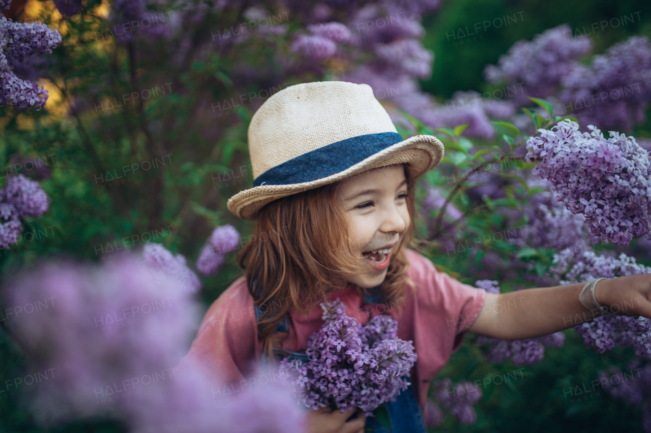 Portrait of a little girl with lilac, spring mood.