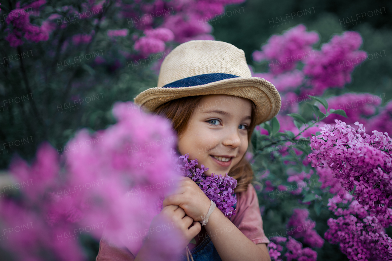 A portrait of a cheerful little girl in nature blooming lilac-purple meadow.